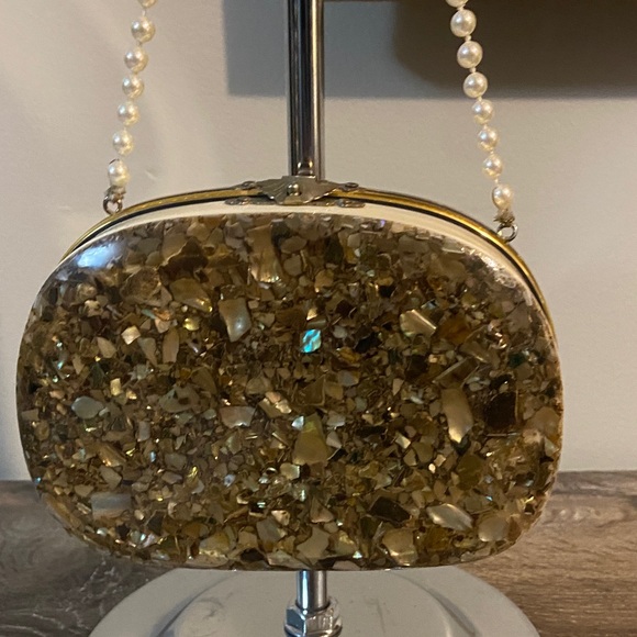 Minaudiere Handbags - Rare Vintage Bakelite Shell Chip Confetti Minaudiere Gold Mini Bag Pearl Strap